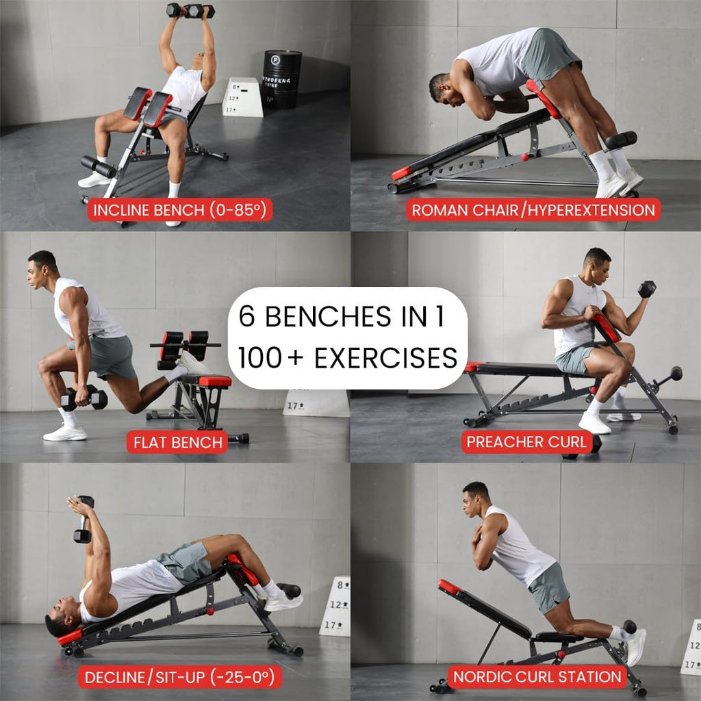 Multi-Functional FID Weight Bench for Comprehensive Body Workout – Hyper Back Extension, Roman Chair, Adjustable Ab Sit-Up Bench, Incline/Decline Bench, and Flat Bench